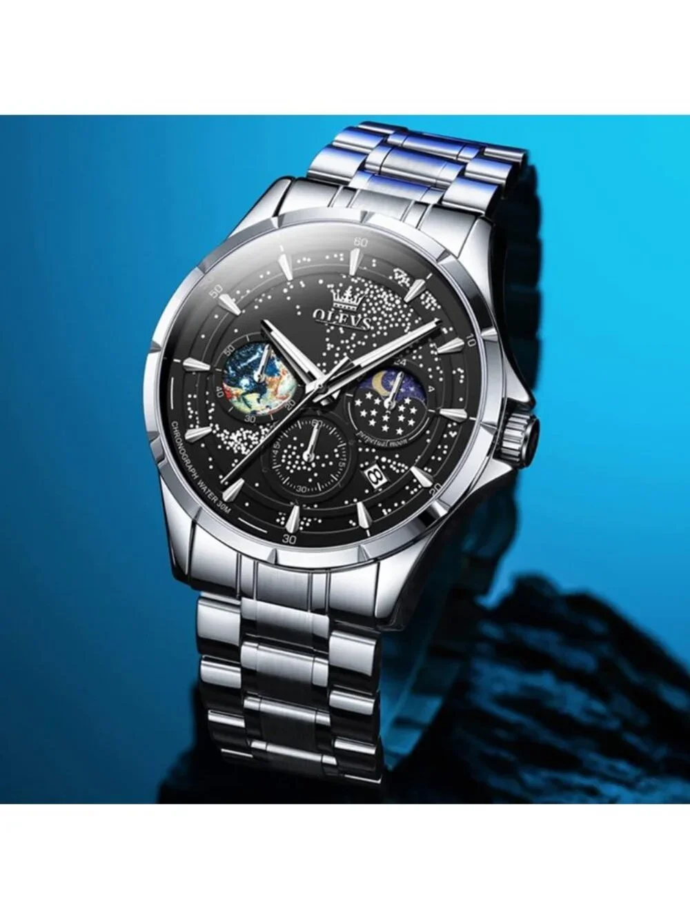 Men's Silver Band Black Dial Luxury Analog Quartz Classic Casual Wrist Watch